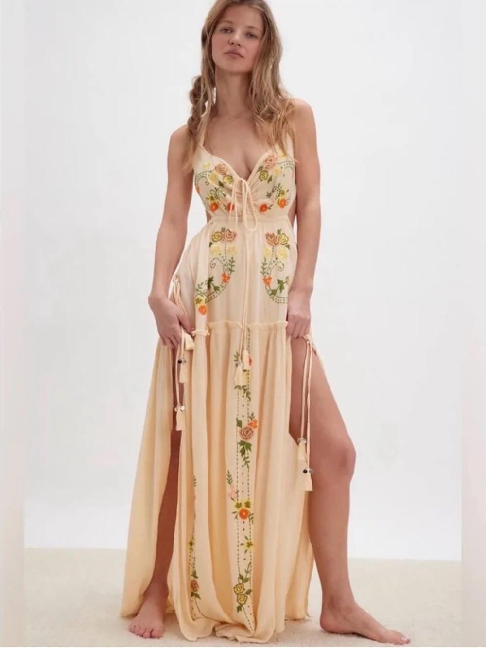 Free People Bali Palm Desert  Bodysuit Embroidered Maxi Dress